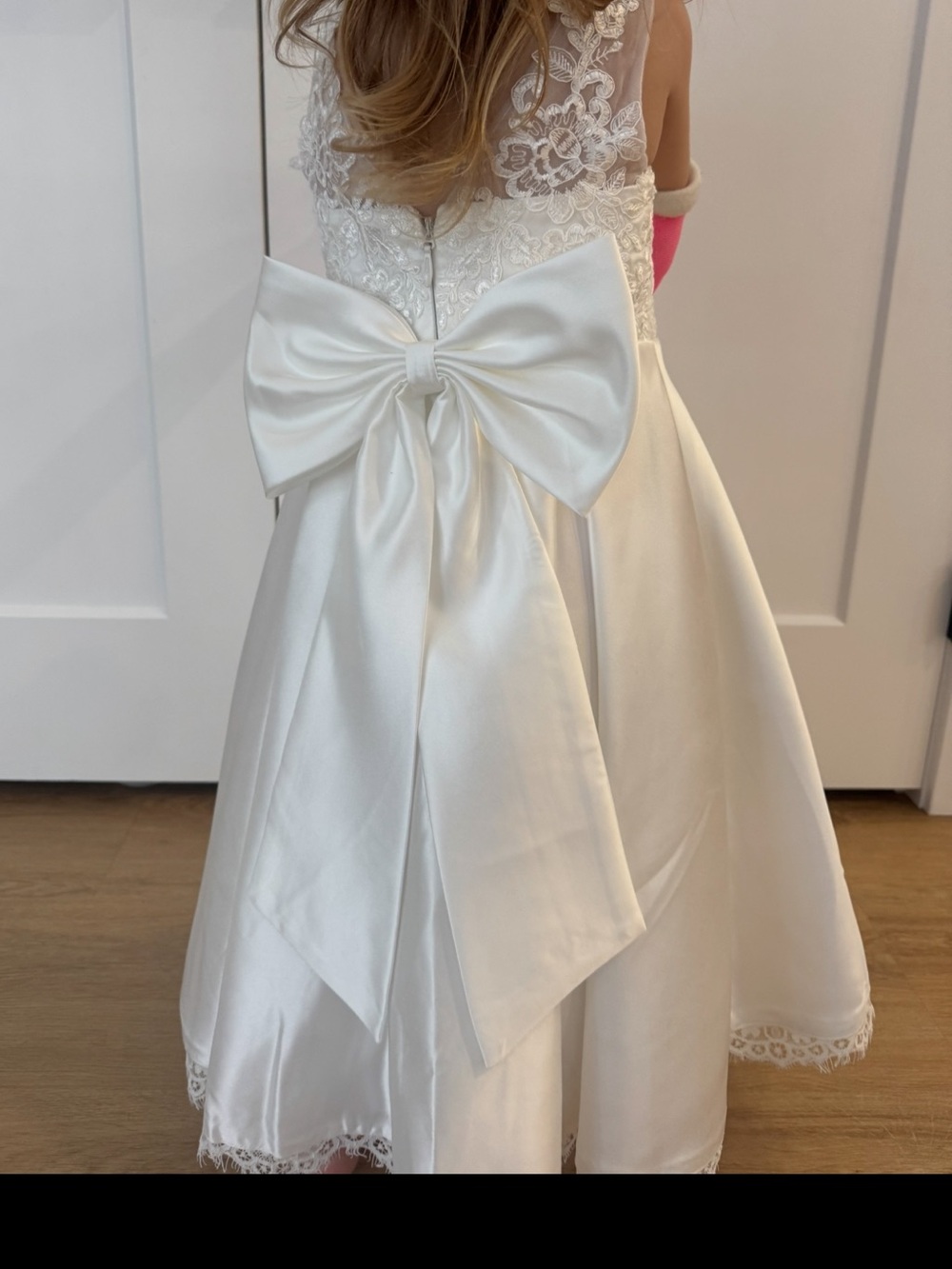 JJs House White Lace Back Satin Bow Flower Girl Dress